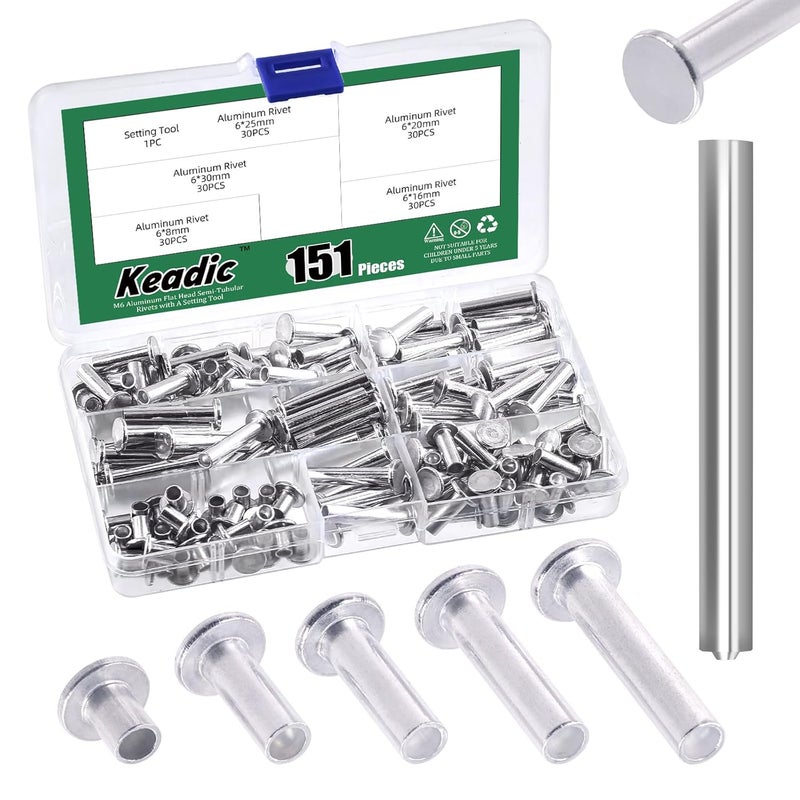 Keadic 151Pcs M6 Aluminum Flat Head Semi-Tubular Rivets Assortment Set, M6 x 8/16/20/25/30mm Silver Tone Metal Stud Fasteners for Leather Household Automobile Industry - Image 1